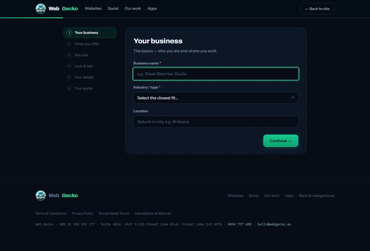 The WebGecko quote tool showing a fixed price.